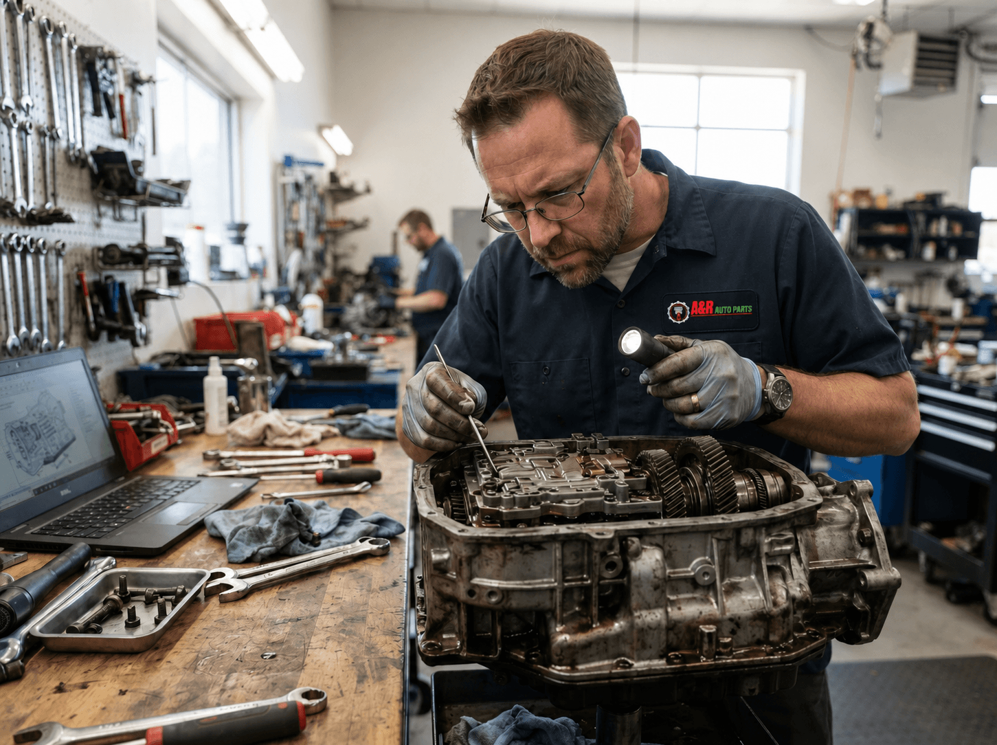 Mechanic inspecting a used transmission at a workbench